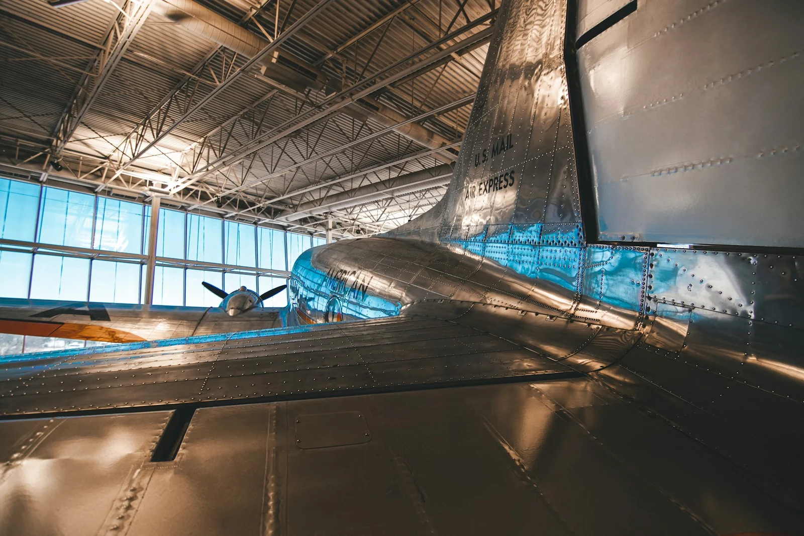 Aircraft inside an aerospace hangar